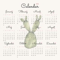 Calendar 2021 printable template psd with cute hand-drawn cactus 