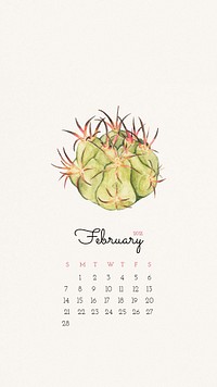 Calendar 2021 February editable template phone wallpaper psd with cute hand drawn cactus