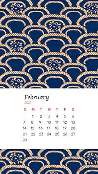 Calendar February 2021printable psd with traditional Japanese pattern remix artwork by Watanabe Seitei 
