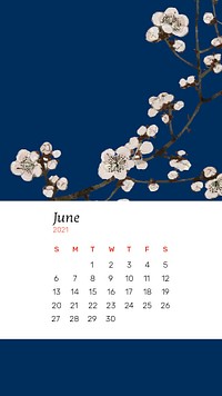 Calendar June 2021 printable psd with Japanese plum blossom artwork remix from original print by Watanabe Seitei