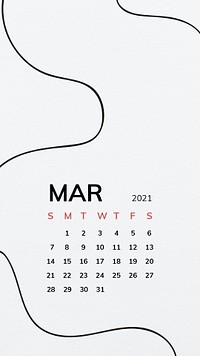 Calendar 2021 March printable template phone wallpaper psd with black line pattern lock screen