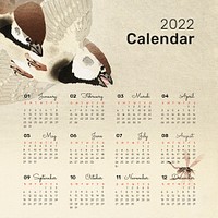 Vintage bird 2022 monthly calendar template psd, Japanese illustration. Remix from vintage artwork by Ohara Koson