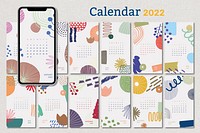 Aesthetic 2022 monthly calendar template psd, mobile wallpaper set