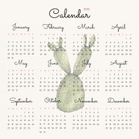 Cactus 2022 monthly calendar template psd, botanical watercolor illustration