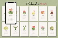 2022 monthly calendar template, cactus illustration mobile wallpaper set psd