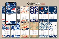 2022 monthly calendar template psd, Japanese pattern mobile wallpaper set. Remix from vintage artworks by Watanabe Seitei