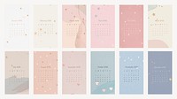 Cute 2022 monthly calendar template psd, mobile wallpaper set