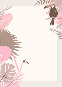 Pink botanical frame with tropical flamingo, toucans and leaves psd