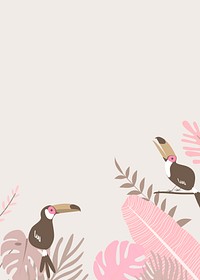 Pink botanical border frame, aesthetic tropical background with toucans vector