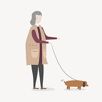 Woman walking dog clipart, cartoon illustration vector