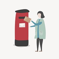 Woman sending letter clipart, public mailbox illustration psd