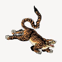 Jumping tiger, vintage Asian animal clipart vector. Free public domain CC0 graphic