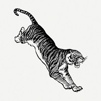 BW jumping tiger, wildlife clipart psd. Free public domain CC0 graphic