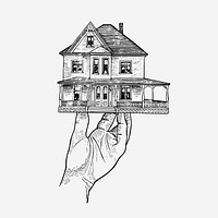 Hand holding house model illustration. Free public domain CC0 graphic