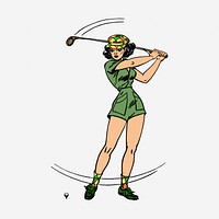 Vintage pinup golfer hand drawn illustration. Free public domain CC0 image.