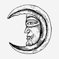 Vintage mystical crescent moon hand drawn illustration. Free public domain CC0 image.