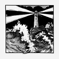 Lighthouse in storm hand drawn illustration. Free public domain CC0 image.