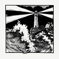 Lighthouse in storm collage element, vintage illustration psd. Free public domain CC0 image.