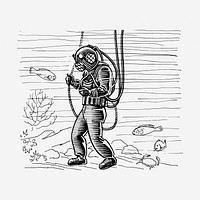 Scuba diver hand drawn illustration. Free public domain CC0 image.