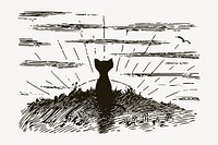 Cat watching sunrise, vintage animal drawing vector. Free public domain CC0 image.