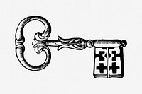 Vintage medieval key hand drawn illustration. Free public domain CC0 image.