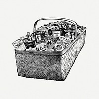 Canned food basket drawing, vintage illustration psd. Free public domain CC0 image.