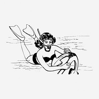 Woman scuba diving clipart, vintage illustration. Free public domain CC0 image.