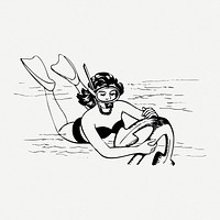 Woman scuba diving drawing, vintage illustration psd. Free public domain CC0 image.