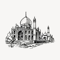 Taj Mahal mosque drawing, hand drawn historical illustration vector. Free public domain CC0 image.