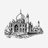 Taj Mahal mosque drawing, hand drawn historical illustration. Free public domain CC0 image.