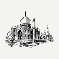 Taj Mahal mosque drawing, hand drawn historical illustration psd. Free public domain CC0 image.