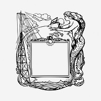 Vintage mermaid frame hand drawn illustration. Free public domain CC0 image.