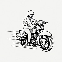 Woman biker drawing, vintage vehicle illustration psd. Free public domain CC0 image.