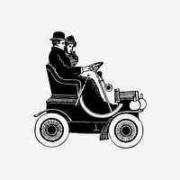 Vintage couple driving automobile illustration. Free public domain CC0 image.