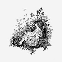 Woman sitting in grass, vintage illustration. Free public domain CC0 image.