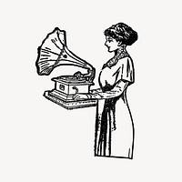 Woman using gramophone drawing, vintage illustration vector. Free public domain CC0 image.