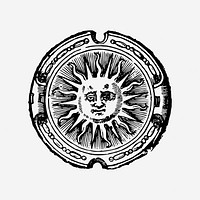 Vintage sun face badge drawing, celestial art illustration. Free public domain CC0 image.