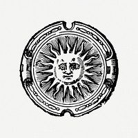Sun face badge drawing, celestial art illustration psd. Free public domain CC0 image.
