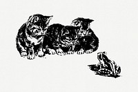 Kittens watching frog drawing, vintage animal illustration psd. Free public domain CC0 image.