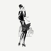 Flapper lady drawing clipart, fashion illustration psd. Free public domain CC0 image.