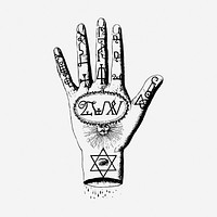 Palm reading hand drawn illustration, horoscope. 
