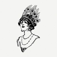 Headdress lady drawing clipart, princess illustration psd. Free public domain CC0 image.