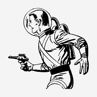 Astronaut with gun hand drawn illustration. Free public domain CC0 image.