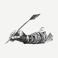 Writing hand drawing clipart, black and white illustration psd. 