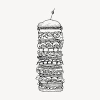 Tall hamburger hand drawn clipart, food illustration vector. Free public domain CC0 image.