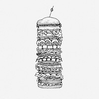 Tall hamburger hand drawn illustration. Free public domain CC0 image.