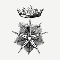 Vintage star emblem drawing clipart, crown illustration psd. Free public domain CC0 image.