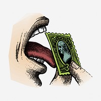 Stamp licking illustration. Free public domain CC0 image.