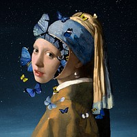 Girl with a Pearl Earring & butterfly remixed collage artwork, Johannes Vermeer-inspired aesthetic surreal illustration psd