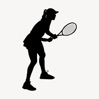 Female tennis player silhouette clipart, sport illustration in black. Free public domain CC0 image.